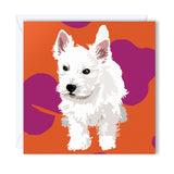 Greeting Card Westie with its ears sticking up with a purple and orange background
