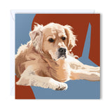Birthday Card Golden Retriever lying down with a blue and burgundy background