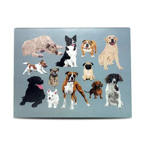 A selection of dog breeds on a tempered glass chopping board