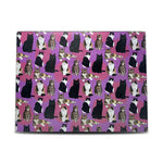 Cutting board with multiple different cats with a purple background